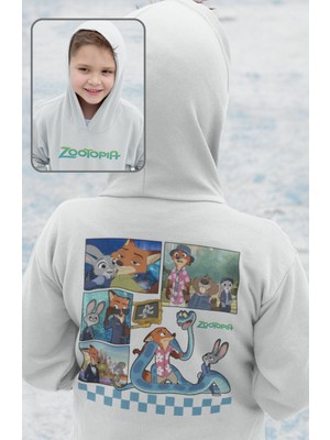 Fuddy Moda Resimli Karakterler Sırt Baskılı Kapüşonlu Çocuk Sweatshirt, Unisex Zootapia Temalı Hoodie