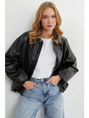 FullaModa Fermuarlı Cepli Polo Yaka Bomber Suni Deri Ceket