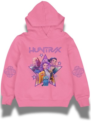 Fuddy Moda Huntrx Logo Kol Baskılı Çocuk Kapüşonlu Sweatshirt, Unisex Kpop Demon Hunters Temalı Hoodie