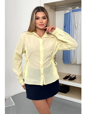 Kadın Uzun Kollu Yanı Bağlama Detaylı Pamuklu Gömlek Sarı - 26Y 2004