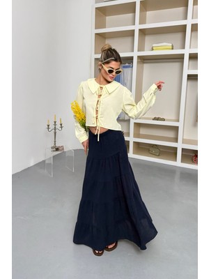 Kadın Beli Lastikli %100 Pamuklu Uzun Etek Lacivert - 5017