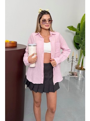 Kadın Uzun Kollu Tek Cepli %100 Pamuklu Gömlek Pembe - 26Y 2026