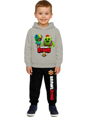 Sedirli Brawl Stars Baskılı Çocuk Eşofman Takımı 3 Iplik Şardonlu Pamuklu Kumaş Kapüşonlu