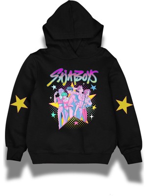 Fuddy Moda Sajaboys Yıldızlı Kol Baskılı Çocuk Kapüşonlu Sweatshirt, Unisex Kpop Demon Hunters Temalı Hoodie
