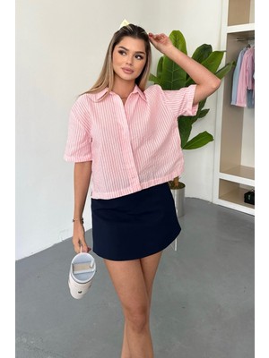 Kadın Kısa Kollu Çizgili Gömlek Pembe - 26Y 2124