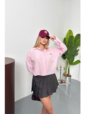 Kadın Uzun Kollu Aksesuar Detaylı Crop Gömlek Pembe - 26Y 2126