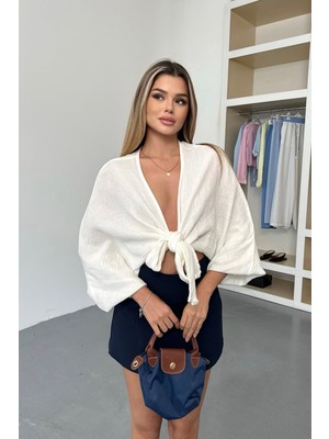 Kadın Yarasa Kol Bağlamalı Pamuklu Hırka Beyaz - 26Y 1049