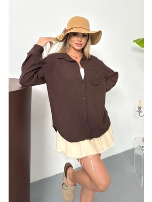 Kadın Uzun Kollu Tek Cepli %100 Pamuklu Gömlek Kahverengi - 26Y 2026
