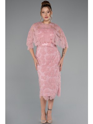 Abiyefon Straplez Çiçek Işlemeli Pelerinli Midi Abiye ABK2452