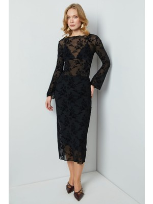 FullaModa Beli Lastikli Çiçek Kabartmalı Astarlı Tül Etek