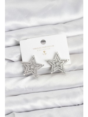 Senson Gümüş Renk Pirinç Zirkon Taşlı Yıldız Model Kadın Küpe - Lisinya