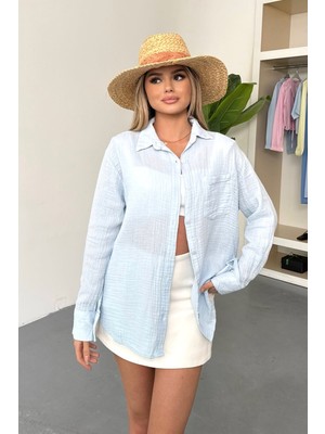 Kadın Uzun Kollu Tek Cepli %100 Pamuklu Gömlek Mavi - 26Y 2026