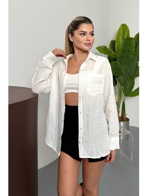 Kadın Uzun Kollu Tek Cepli %100 Pamuklu Gömlek Beyaz - 26Y 2026