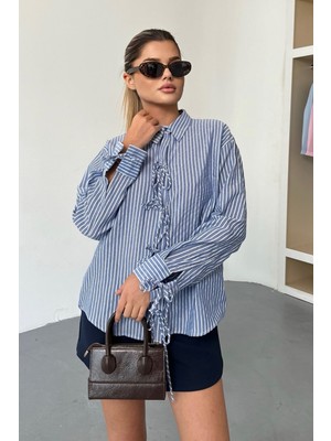 Kadın Uzun Kollu Bağlama Detaylı Çizgili Gömlek Lacivert - 26Y 2123