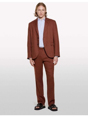Sisley %100 Keten Astarsız Rahat Kalıp Ceket Erkek Kahverengi Ceket - 325P2AGHSW01Q