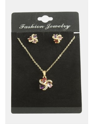 Zero Ozlstor Çiçek Damla Zirkon Taşlı Set Kolye-Yeşil