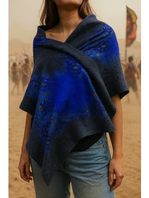 Ipek & Keçe Doğal Frekans Sanat Şalları | Siyah & Mavi Ipek Keçe Kadın Şal