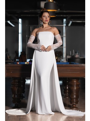 Abiyefon Straplez Kuyruklu Dantel Kol Aksesuarlı Uzun Abiye ABU5355