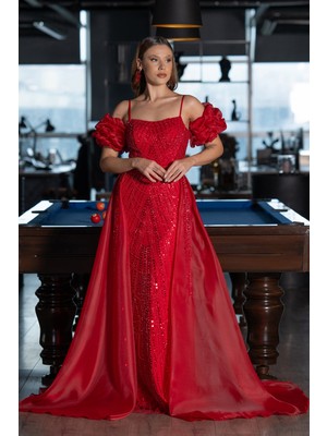 Abiyefon Kol ve Kuyruk Aksesuarlı Uzun Boncuklu Abiye ABU5391