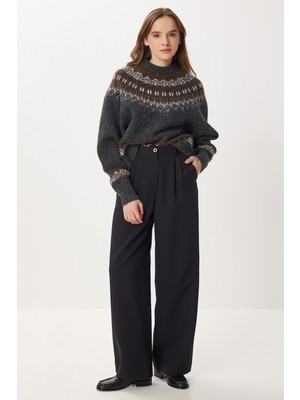 Happiness İstanbul Pileli Dokuma Palazzo Pantolon LGK0009 Siyah