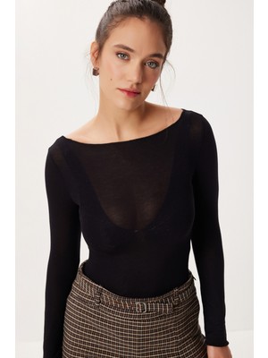 Happiness İstanbul Kayık Yaka Transparan Örme Bluz LBY0033 Siyah