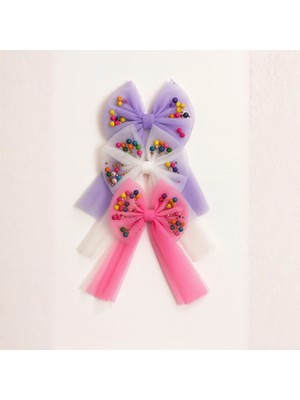 Bym Style Kız Çocuk Toka Renkli Boncuklu Tül Fiyonk Lastikli Toka 3 'lü Set