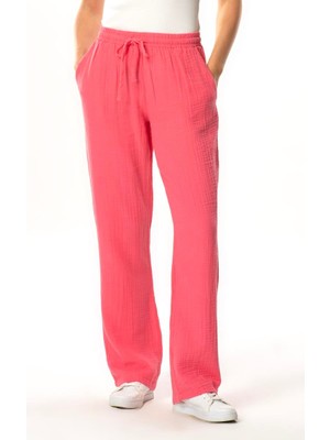 Eliş Şile Bezi Müslin Beli Bağcıklı Çift Cepli Kadın Yazlık Pantolon Pembe Pmb