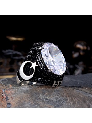 925 Ayar Gümüş Beyaz Renk Zirkon Taşlı Ayyıldız Model Yüzük