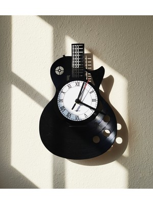 Craftverse Gitar Formlu El Yapımı Vinil Plak Duvar Saati – Retro Müzik Dekoru