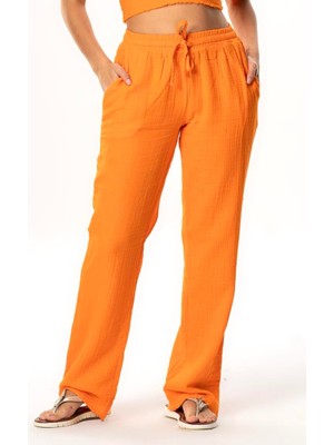 Eliş Şile Bezi Müslin Beli Bağcıklı Çift Cepli Kadın Yazlık Pantolon Turuncu Trnc