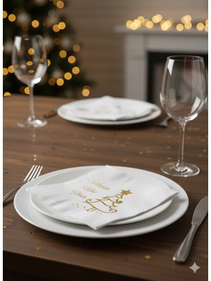 Dodomar 16'lı Yılbaşı Temalı Çift Katlı Peçete - Happy New Year Gold Varaklı Beyaz Lüks Davet Peçetesi Seti