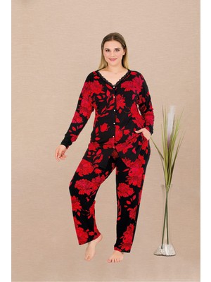Umestyle Big Lady Lingerlie Homewear Dantel Detaylı Pamuk -Likra Kırmızı Çiçekliikili Pijama Takımı