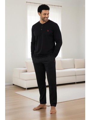 Erkek Uzun Kol Yarım Düğmeli Siyah Pamuklu Likralı Pijama Takımı Rahat Kalıp Esnek Kumaş C8T0N05