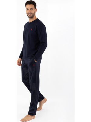 Erkek Uzun Kol Yarım Düğmeli Lacivert Pamuklu Likralı Pijama Takımı Rahat Kalıp Esnek Kumaş C8T0N05