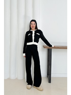 Newco Kadın Siyah Beyaz Detaylı Triko Ikili Takım Düğmeli Hırka Üst ve Rahat Geniş Paça Pantolon - Siyah