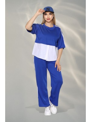 Newco Kadın Spor-Şık Takım – Düğme Detaylı Üst & Yan Şeritli Pantolon - Mavi