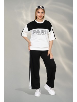Newco Paris Temalı Kumaş Yumşak Dokulu Yan Şeritli Bluz ve Pantolon Alt Üst Takım - Siyah