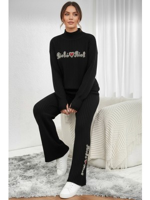 Newco Fitilli Dokulu Inci Işlemeli Parmak Geçirmeli Yarım Balıkçı Yaka Triko Ikili Takım