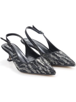 Pisagor PS-32370 Kadın 4 cm Arkası Açık Taşlı Abiye Stiletto Ayakkabı