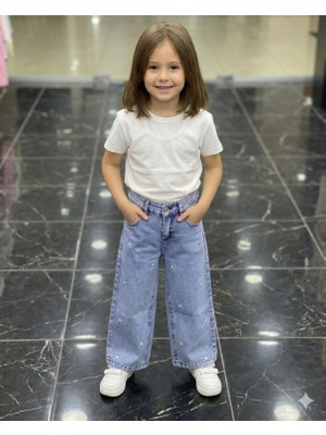 ERDEM KIDS Erdem Kıds Kız Çocuk Pamuklu Beli Lastikli Jean Pantolon Rahat Kalıp Geniş Bol Paça Yıldız Nakış Kot Pantolon