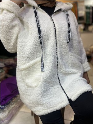 Kadın Kuzu Tedi Fermuarlı Kapüşonlu Buklet Ceket