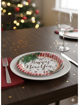 Dodomar 6'lı Paket Yılbaşı Temalı Lüks Kalın Karton Tabak - Happy New Year Gold Varaklı - Yılbaşı Sofrası Servis Tabağı