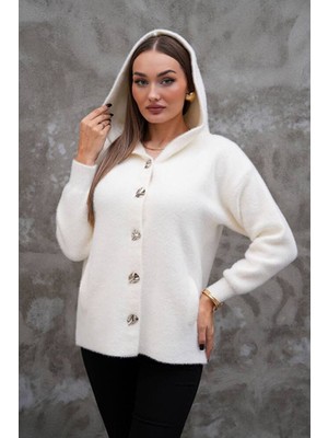 Kadın Düğmeli Kapüşonlu Yumuşak Doku Ceket