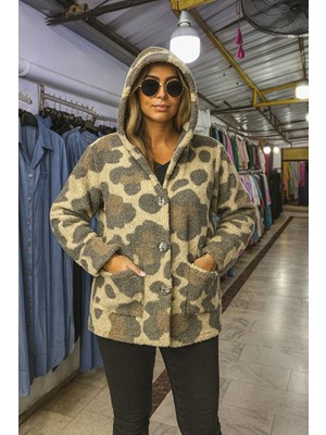 Kadın Welsoft Kuzu Kapüşonlu Düğmeli Ceket Standart Beden Tek Renk