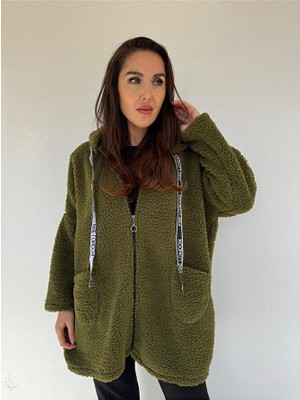 Kadın Kuzu Tedi Fermuarlı Kapüşonlu Buklet Ceket