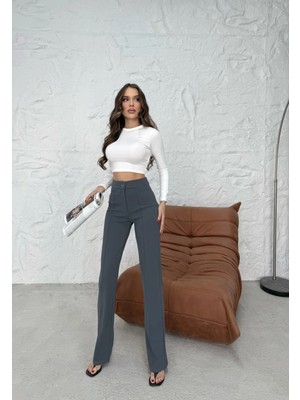 Zerenyus Düğmeli Palazzo pantolon füme