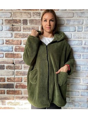 Kadın Oversize Fermuarlı Kapüşonlu Peluş Welsoft Ceket