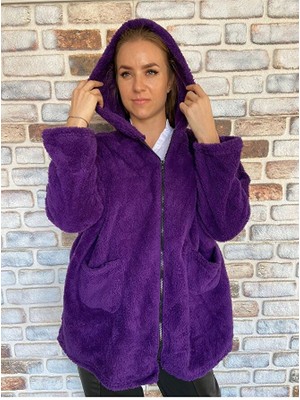Kadın Oversize Fermuarlı Kapüşonlu Peluş Welsoft Ceket