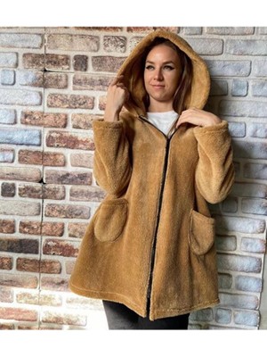 Kadın Oversize Fermuarlı Kapüşonlu Peluş Welsoft Ceket
