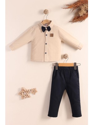 Kidello Bej Papyonlu Gömlekli Kumaş Pantolonlu Erkek Çocuk 2'li Takım (1-6 Yaş)